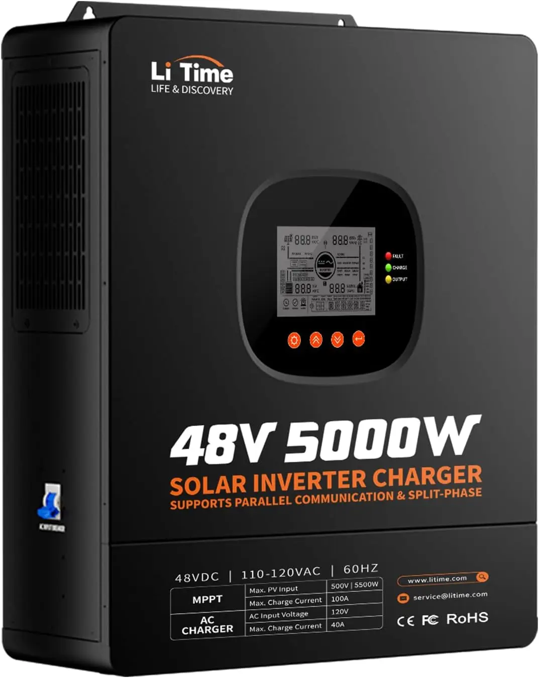 Parallel Solar Inverter 48V 5000W Mppt - LiTime 5000W 純正弦波インバーター、48V DCから120V ACへの変換、太陽光ハイブリッドインバーター充電器、240V対応の並列分割相機能、家庭用バックアップ、オフグリッド、農場用に内蔵された100A MPPT太陽光充電コントローラー。